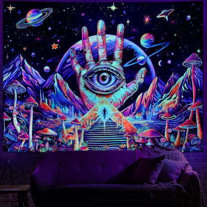 Blacklight Trippy Eye Tapestry UV Reactive Hamsa Hand Evil Eye Decor 59.1"L x 51.2"W