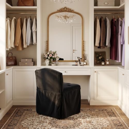 Black Velvet Makeup Vanity Chair with Back and Wheels - Swivel Seat