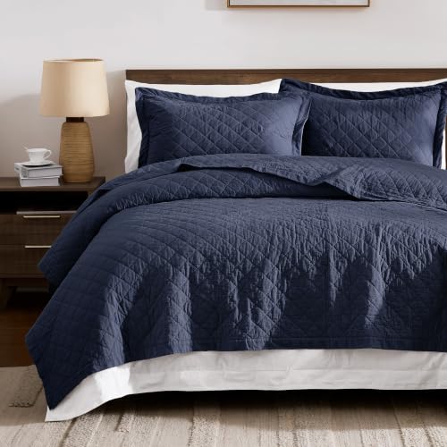 Navy Blue 100% Cotton Quilt Set - Queen, Pre-Washed, 3 Pieces