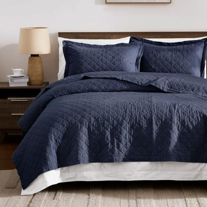 Navy Blue 100% Cotton Quilt Set - Queen, Pre-Washed, 3 Pieces