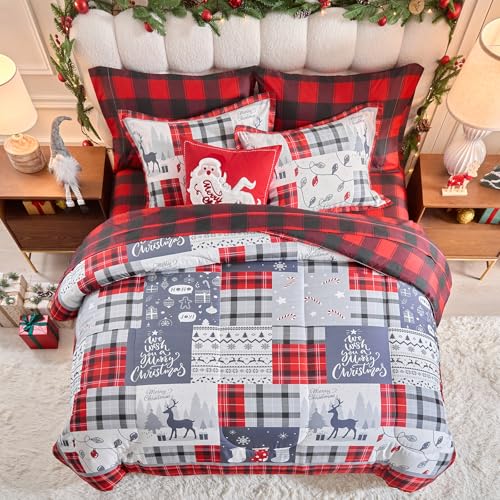 Christmas Gingham Bedding Set with Comforter Sheets Pillowcases Queen 7 Pieces - Red Gray Deer Snowflake