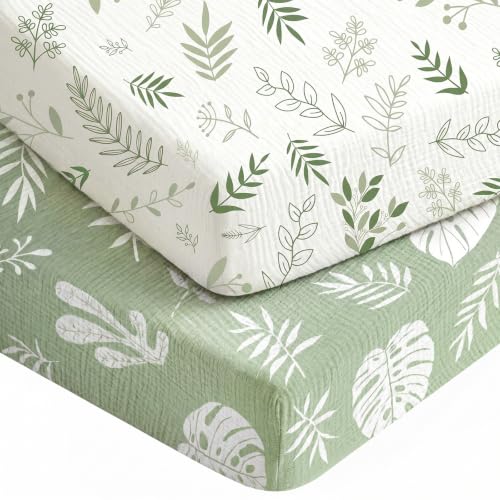 2-Pack Baby Muslin Crib Sheets - Green Leaf, 52 x 28 Inches, Elastic Fit