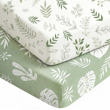 2-Pack Baby Muslin Crib Sheets - Green Leaf, 52 x 28 Inches, Elastic Fit