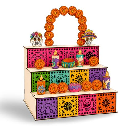 Day of the Dead Wooden Altar Display Set - Mexican Ofrenda Decoration, Orange Variation
