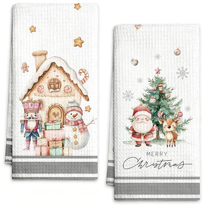 Christmas Kitchen Towels Set of 2 - Santa Reindeer Snowman Holiday Dish Towels - White04