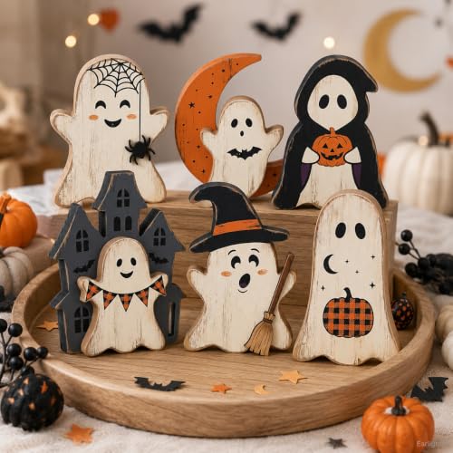 Indoor Halloween Ghost Decor Set - Rustic Wooden Ghost Signs for Fall Home Decor - Variation: Ghost