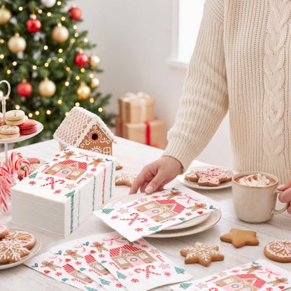 Gingerbread Man Christmas Napkins with Gold Foil - 200 Pack for Holiday Decoupage & Parties