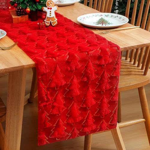 Red Faux Fur Christmas Table Runner 13x36 Inches Holiday Decor