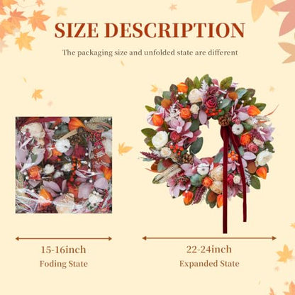 24 Inch Fall Door Wreath with Red Bow - Autumn Harvest Thanksgiving Decor