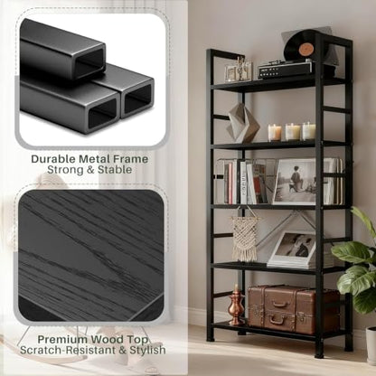 Modern Black 5-Tier Industrial Bookshelf - Free Standing Bookcase with Open Shelves