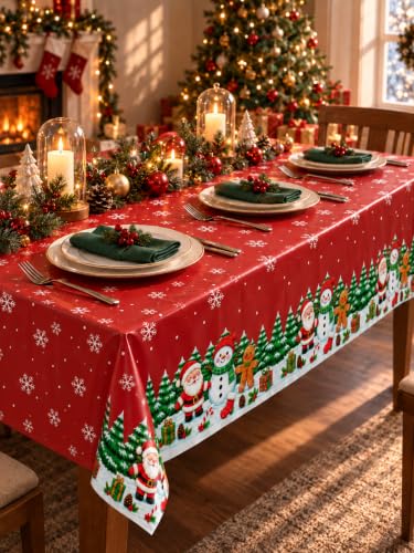 Christmas Tablecloths 3 Pack - Red Snowman & Santa Waterproof 54 x 108 Inches