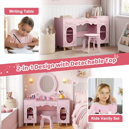 Kids Vanity Set with Large Lighted Mirror and Storage Cabinet - Princess Toddler Dressing Table & Stool