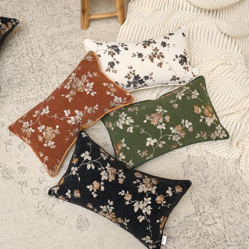 Alerfa Orange Neutral Floral Chenille Pillow Cover 12 x 20 Inch - Farmhouse Decorative Cushion Cover - Pack of 1