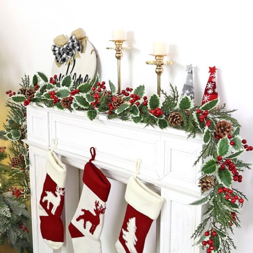 Cedar Christmas Garland 13FT - 2 Pack Artificial Holly Pine Cones & Berry Decor