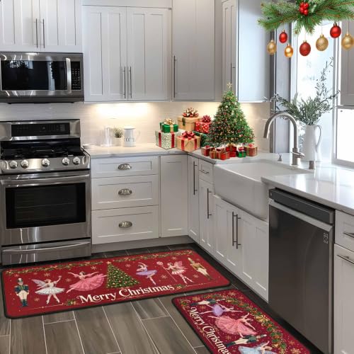Nutcrackers Merry Christmas Kitchen Rugs Set of 2 Red Nutcracker Christmas Decor Low Profile Winter Mats - Red 2