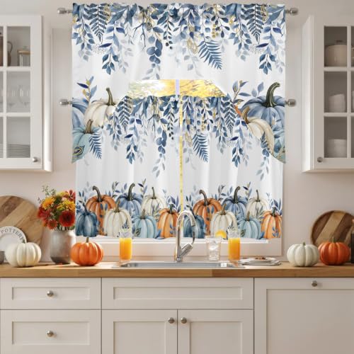 Blue Pumpkins Fall Tier Curtains with Swag Valance Sets - 27.5W x 24L White Blue
