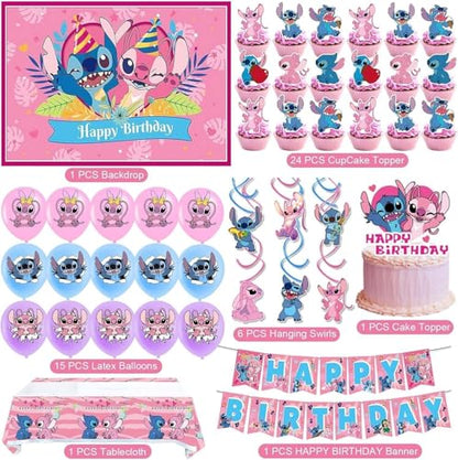 Stitch Birthday Party Supplies Set - Balloons, Banner, Backdrop, Cake Toppers & More