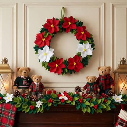 18-Inch Felt Poinsettia Wreath - Red & White Floral Holiday Decoration (Variation: Red / Red White Flower)
