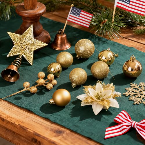 Gold Christmas Tree Decorations Set - 76 Pieces Holiday Ornaments & Poinsettia Flowers