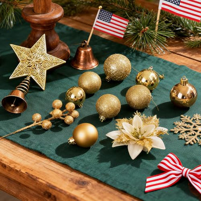 Gold Christmas Tree Decorations Set - 76 Pieces Holiday Ornaments & Poinsettia Flowers