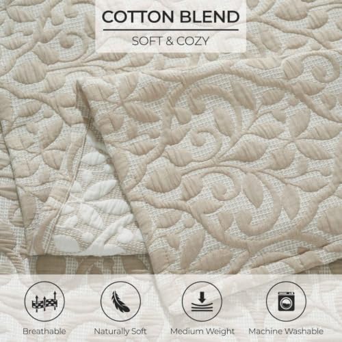 Queen Cotton Blend Coverlet - Decorative Bed Spread, Vineyard Collection, Beige