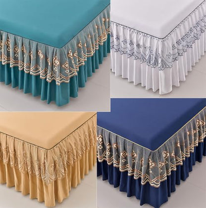 Blue Pleated Bed Skirt 15 Inch Drop Fully Elastic Microfiber Wrap-Around