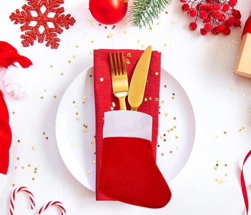 Mini Christmas Stocking Set - Red Snowflake Holiday Silverware Holders 12 Pcs with Variation Classic