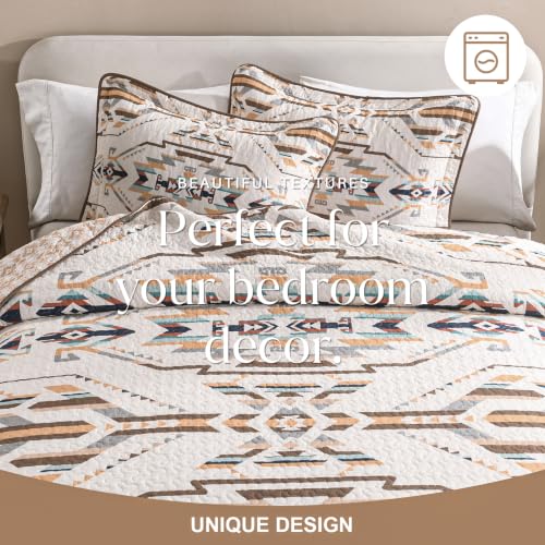 100% Cotton Queen Quilt Set with Southwestern Aztec Design - Breathable & Cozy Bedding