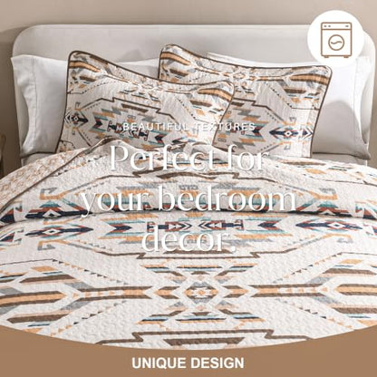 100% Cotton Queen Quilt Set with Southwestern Aztec Design - Breathable & Cozy Bedding
