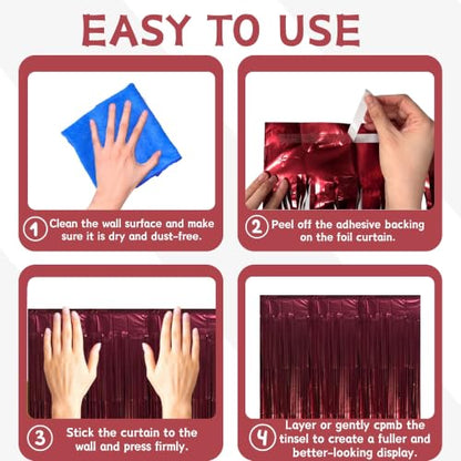 Burgundy Red Foil Fringe Curtain Backdrop - 2 Pack, 3.3x6.6 ft, Matte Finish, Indoor Party Decor