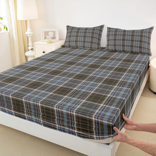 Full Size Vintage Plaid Bed Sheet Set Blue Brown Buffalo Checkered Sheets with Pillowcases