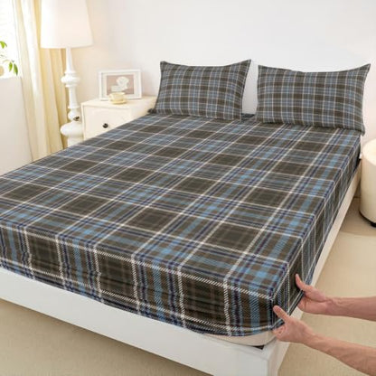 Full Size Vintage Plaid Bed Sheet Set Blue Brown Buffalo Checkered Sheets with Pillowcases