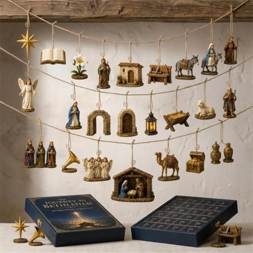 Nativity Christmas Advent Calendar Book-Style Pull-Out Drawer Set with 24 Mini Nativity Figurines - Holiday Tabletop Decor & Gift - Variation A