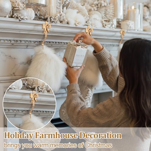 Christmas Stocking Holders Brass Bow Set - 6 Pcs Vintage Mantle Hooks