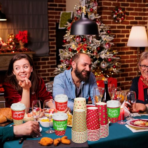 Zhehao 160 Sets/ 480 Pcs Disposable Coffee Cups Christmas Paper Cups with Lids and Sleeves for Cold Drink Tea Hot Cocoa Chocolate Holiday Xmas Party Supplies, 4 Designs (Pretty Style, 16 oz)