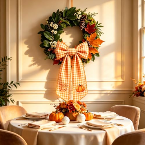 Fall Wreath Sash with Watercolor Pumpkin and Plaid Pattern - 55.1" x 4.7"