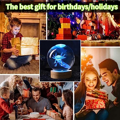 3.15 Inch Axolotl Night Light Crystal Ball with Wooden Base 16 Colors Change Remote Pack of 2