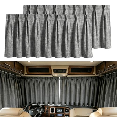 Grey RV Windshield Curtain Set 2 Pieces Blackout Privacy Window Cover with Tiebacks, Thick Linen Fabric, Easy Install
