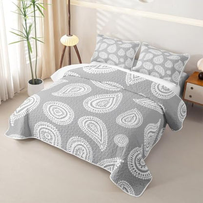 Gray Queen Size Quilted Bedspread Set with 2 Pillowcases - Manfei