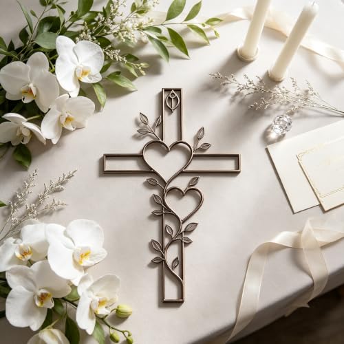 Wedding Wall Cross for Newlyweds - Elegant Metal Decor with Heart Motif