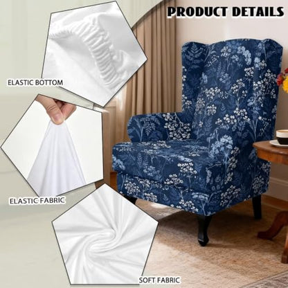 Blue Flower Leaves Wild Botanical Wingback Chair Slipcover 2-Piece Washable Furniture Protector