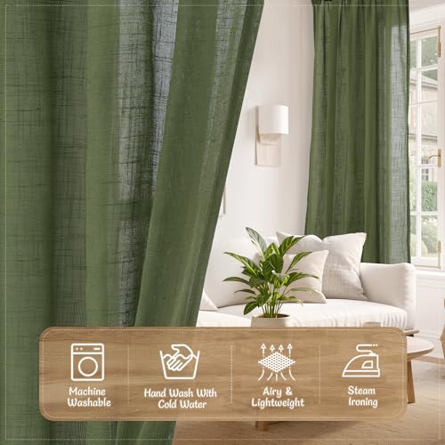 LAMIT Beige Linen Curtains 90 Inch Long for Bedroom Living Room, Soft Thick Back Tab and Rod Pocket Window Drapes Semi Sheer Light Filtering Panels Farmhouse, 52 x 90 Inch, 2 Panels Set