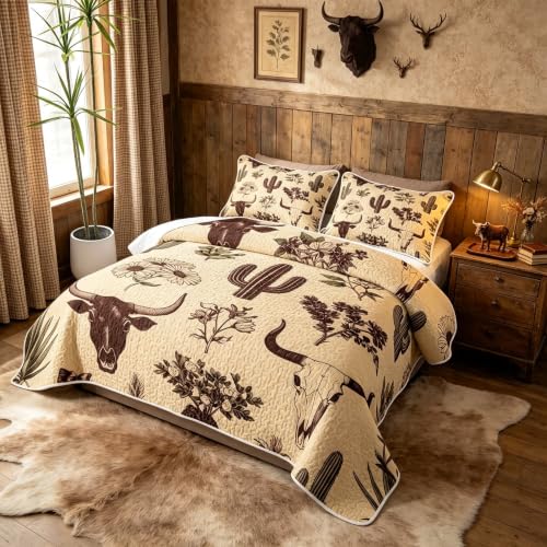 Feelyou King Size Quilt Set with Cactus & Cow Skull Pattern, Sepia Butter Cream