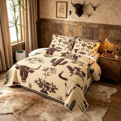 Feelyou King Size Quilt Set with Cactus & Cow Skull Pattern, Sepia Butter Cream
