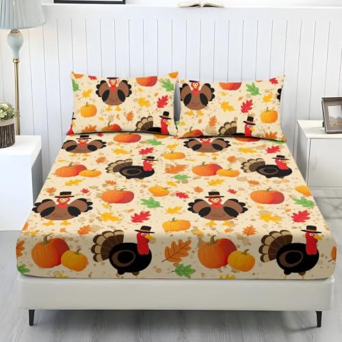 Thanksgiving Turkey King Size Bed Sheet Set 3 Pieces - Deep Pocket, Soft Fabric