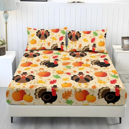 Thanksgiving Turkey King Size Bed Sheet Set 3 Pieces - Deep Pocket, Soft Fabric