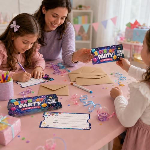 30 Pack Tear-Off Ticket Birthday Invitations with Envelopes - Colorful Party Passes