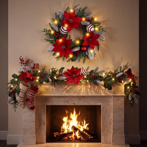 24-Inch Pre-Lit Christmas Wreath with 30 Lights and 8 Modes - Real Touch Pine