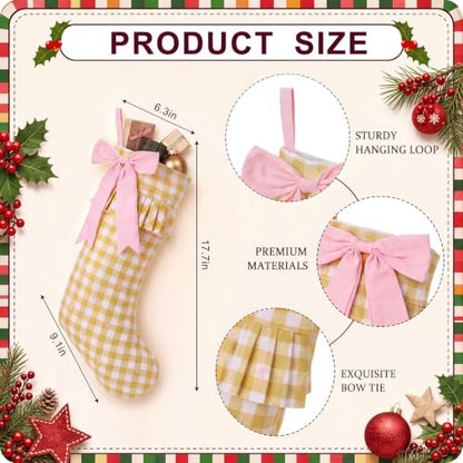 Christmas Gingham Stockings with Bow Set - 18 Inch Holiday Decor, Red, Green, Yellow & Gray