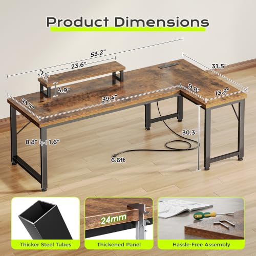 PRAISUN 53-Inch L Shaped Computer Desk with Outlets & Monitor Stand - Rustic Brown